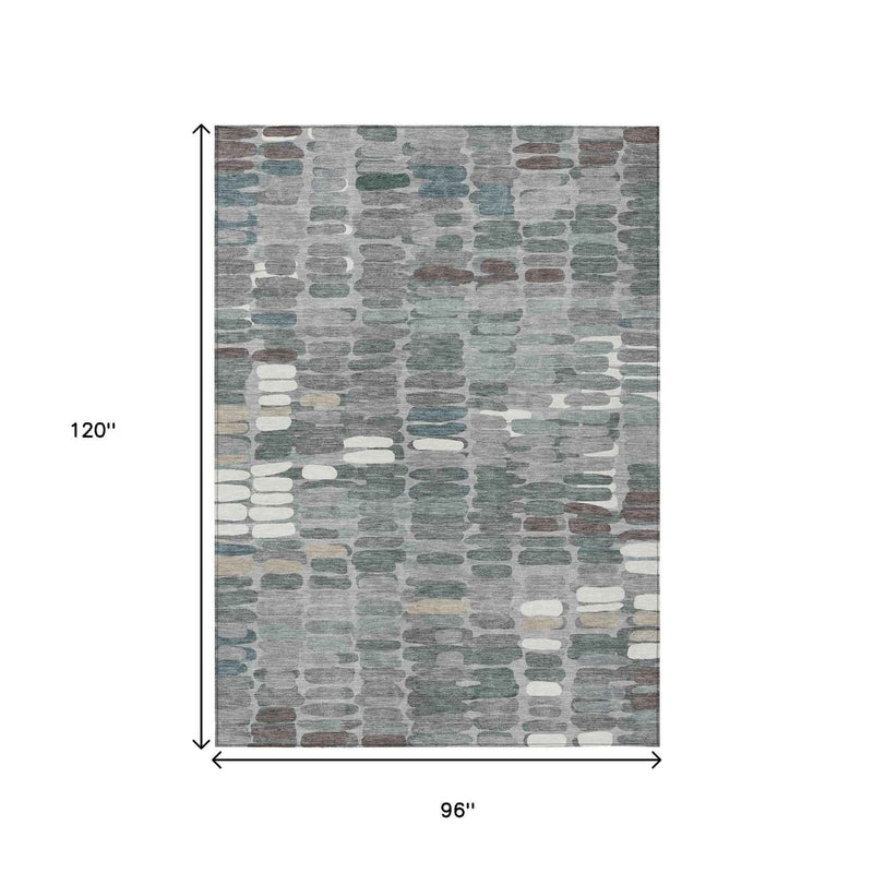 8' X 10' Gray Ivory And Pewter Abstract Washable Indoor Outdoor Area Rug