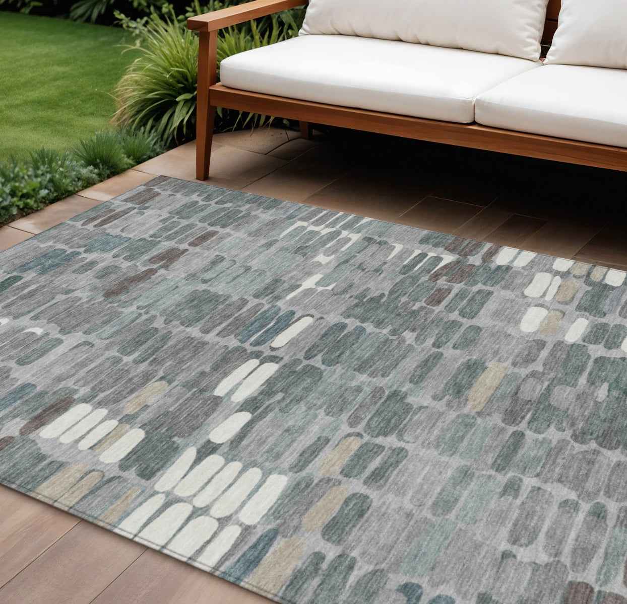 9' X 12' Gray Ivory And Pewter Abstract Washable Indoor Outdoor Area Rug