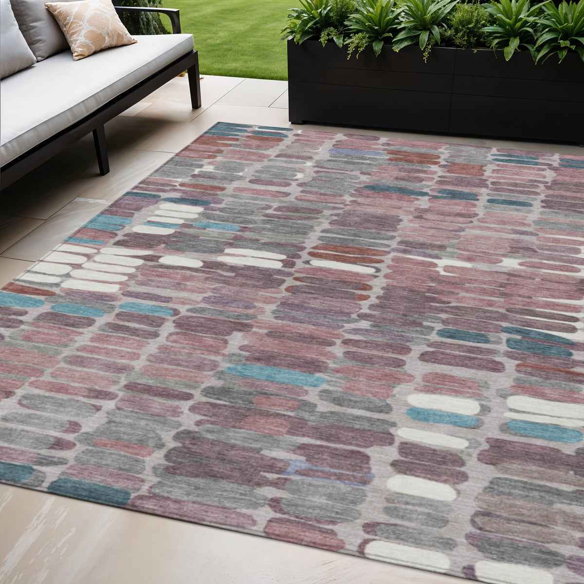 5' X 8' Blush Pink And Merlot Abstract Washable Indoor Outdoor Area Rug