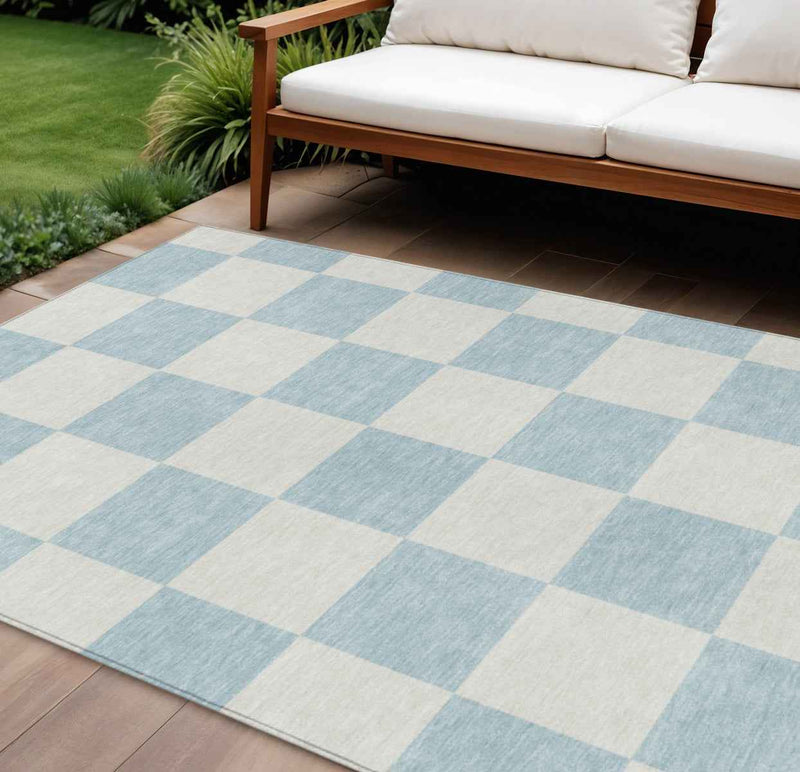 10' X 14' Sky Blue And Ivory Geometric Washable Indoor Outdoor Area Rug