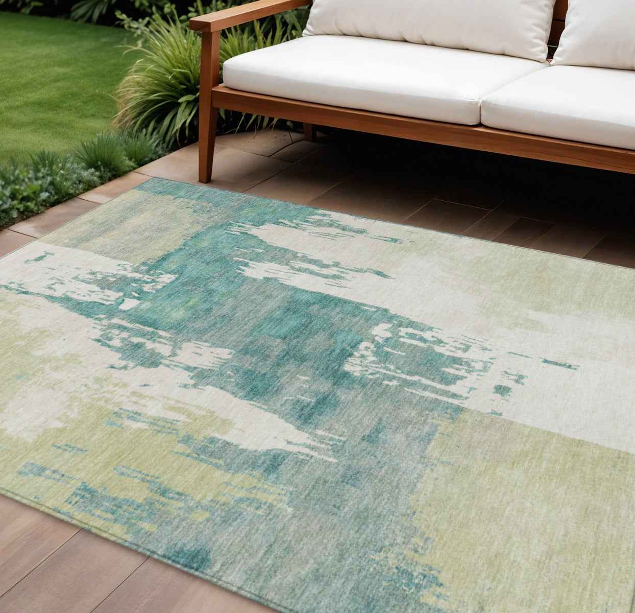 8' X 10' Artichoke Green Ivory And Aqua Abstract Washable Indoor Outdoor Area Rug