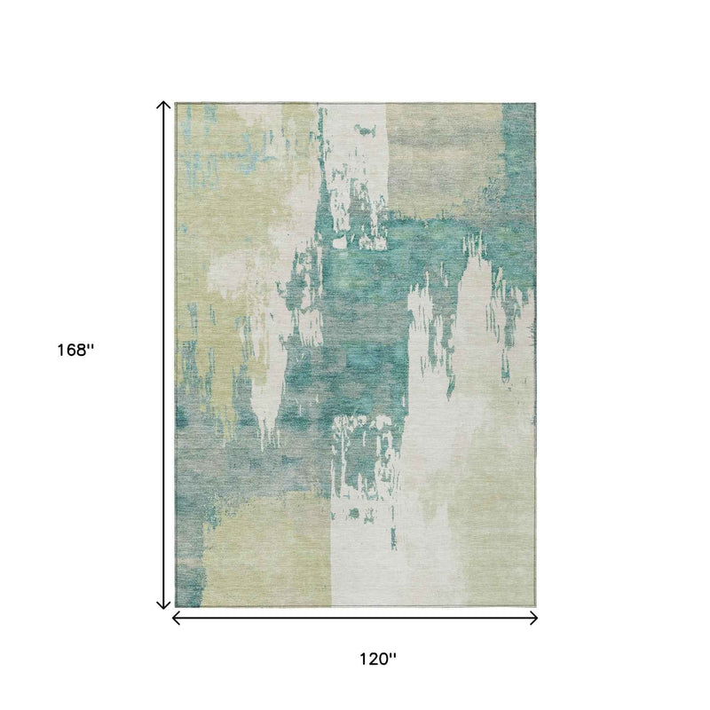 10' X 14' Artichoke Green Ivory And Aqua Abstract Washable Indoor Outdoor Area Rug