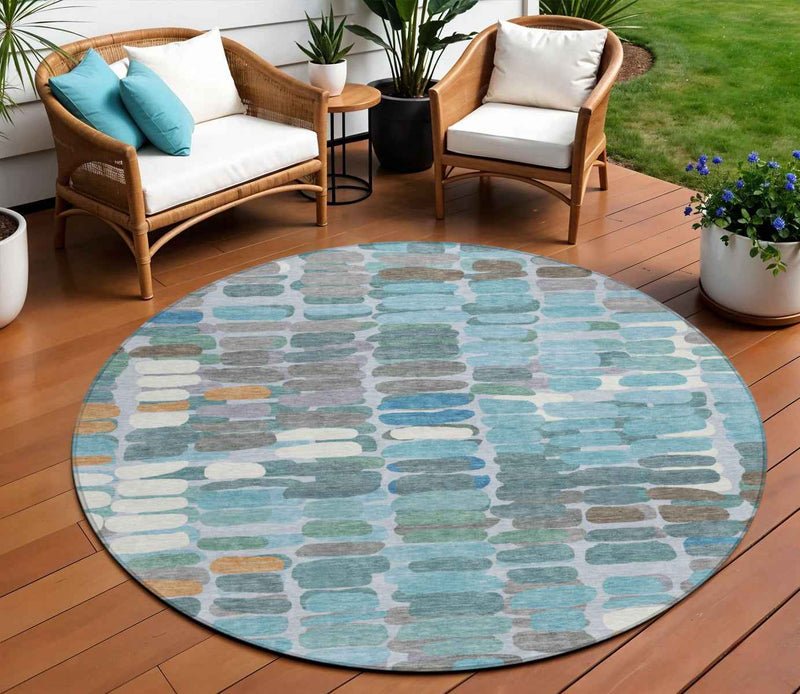 8' Teal Blue Copper And Ivory Round Abstract Washable Indoor Outdoor Area Rug