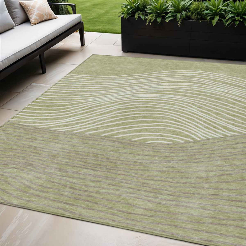 5' X 8' Artichoke Green And Ivory Striped Washable Indoor Outdoor Area Rug