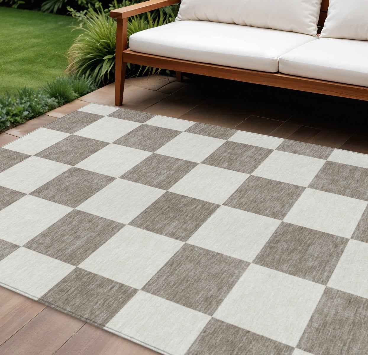 9' X 12' Taupe And Ivory Geometric Washable Indoor Outdoor Area Rug