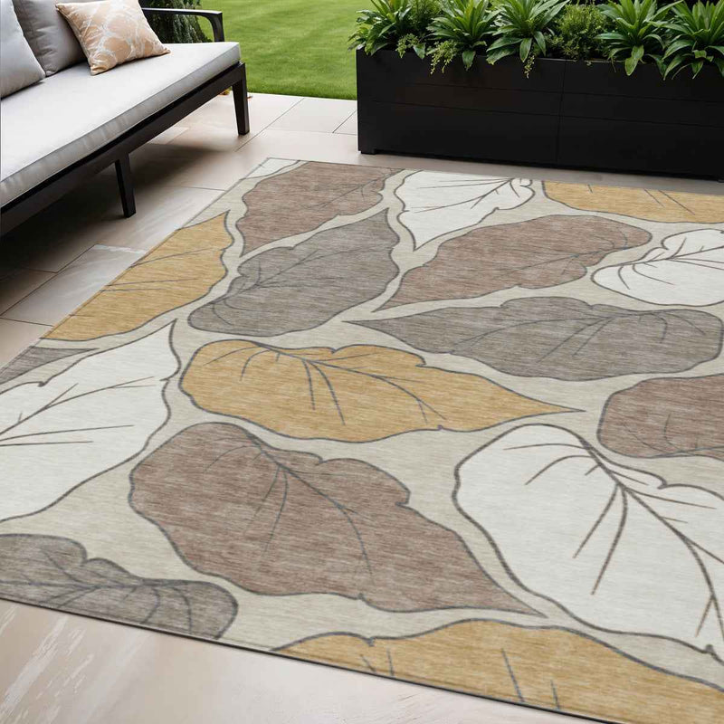 5' X 8' Linen Ivory And Brown Botanical Leaves Washable Indoor Outdoor Area Rug
