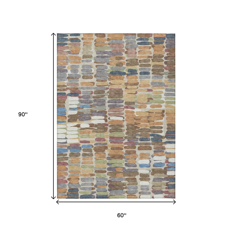 5' X 8' Copper White And Gray Abstract Washable Indoor Outdoor Area Rug