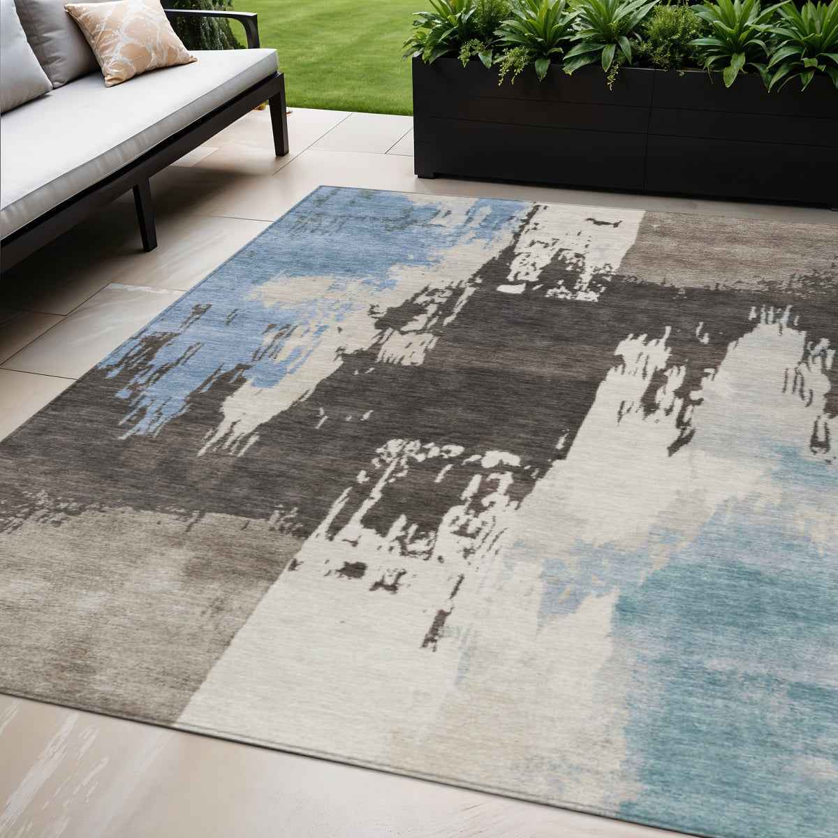 5' X 8' Brown Ivory And Blue Abstract Washable Indoor Outdoor Area Rug
