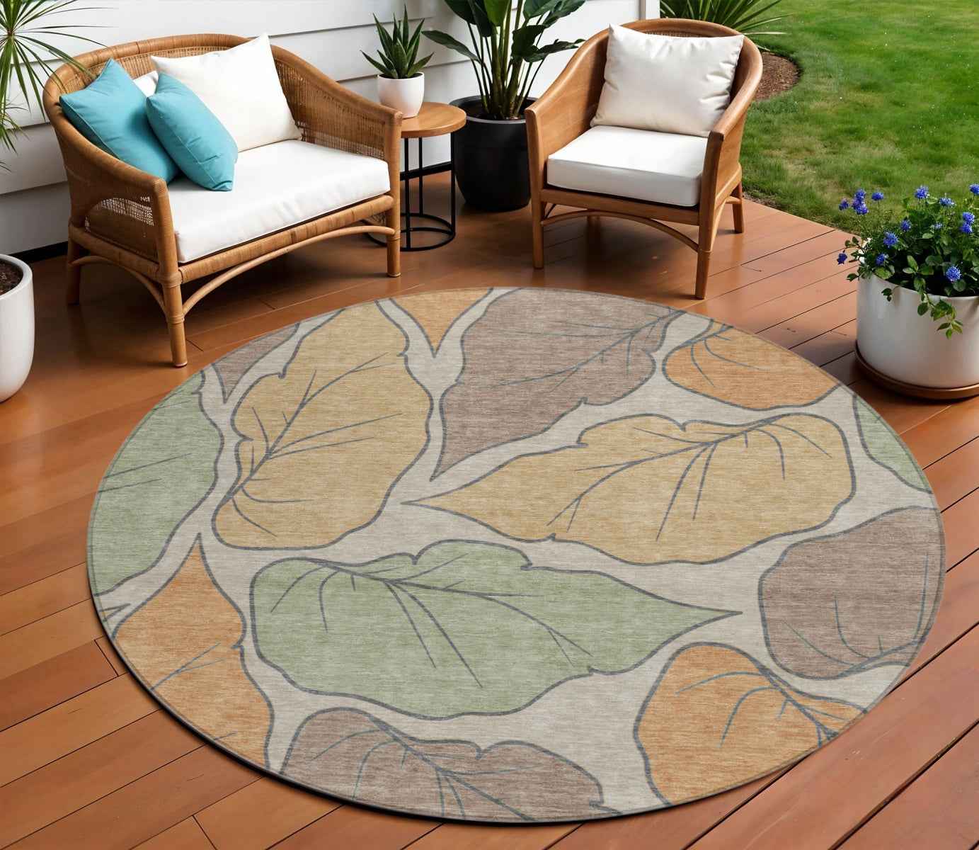 8' Copper Ivory And Sage Round Botanical Leaves Washable Indoor Outdoor Area Rug