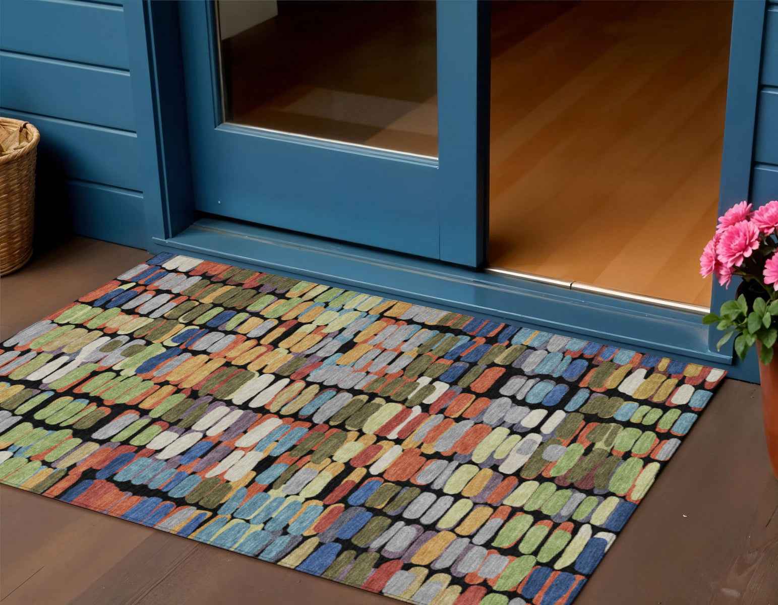 3' X 5' Black Green And Blue Abstract Washable Indoor Outdoor Area Rug