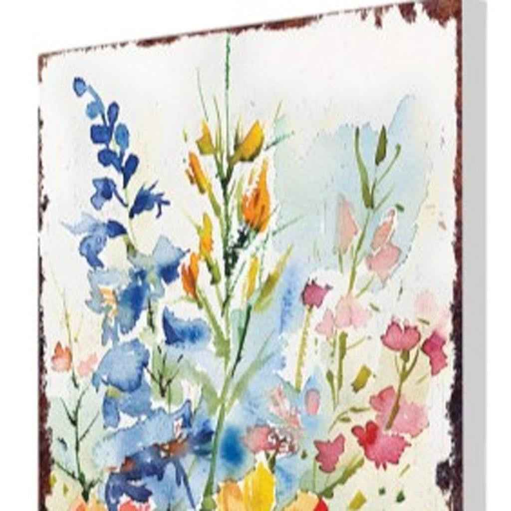 30" Blue Pink White And Yellow Solid Wood Watercolor Floral Garden Stake