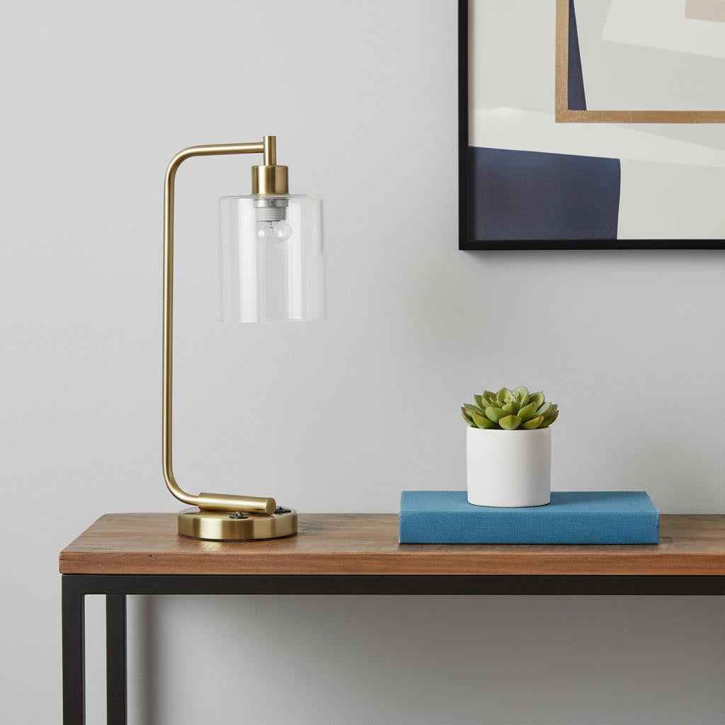 19" Antiqued Brass Metal Lantern USB Table Lamp LED With Clear Cylinder Shade