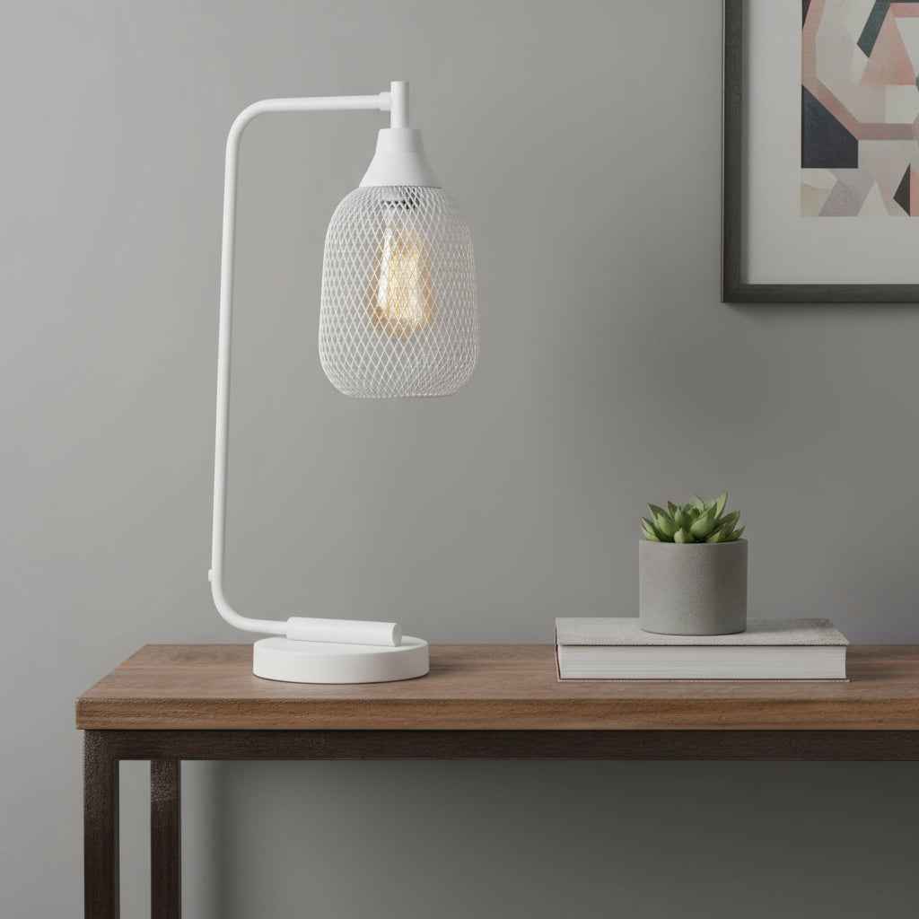 19" White Metal Lantern Table Lamp With White Globe Shade