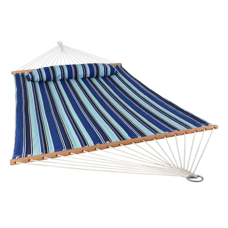 Blue striped double hammock with light blue and dark navy bands, wooden spreader bars, rope