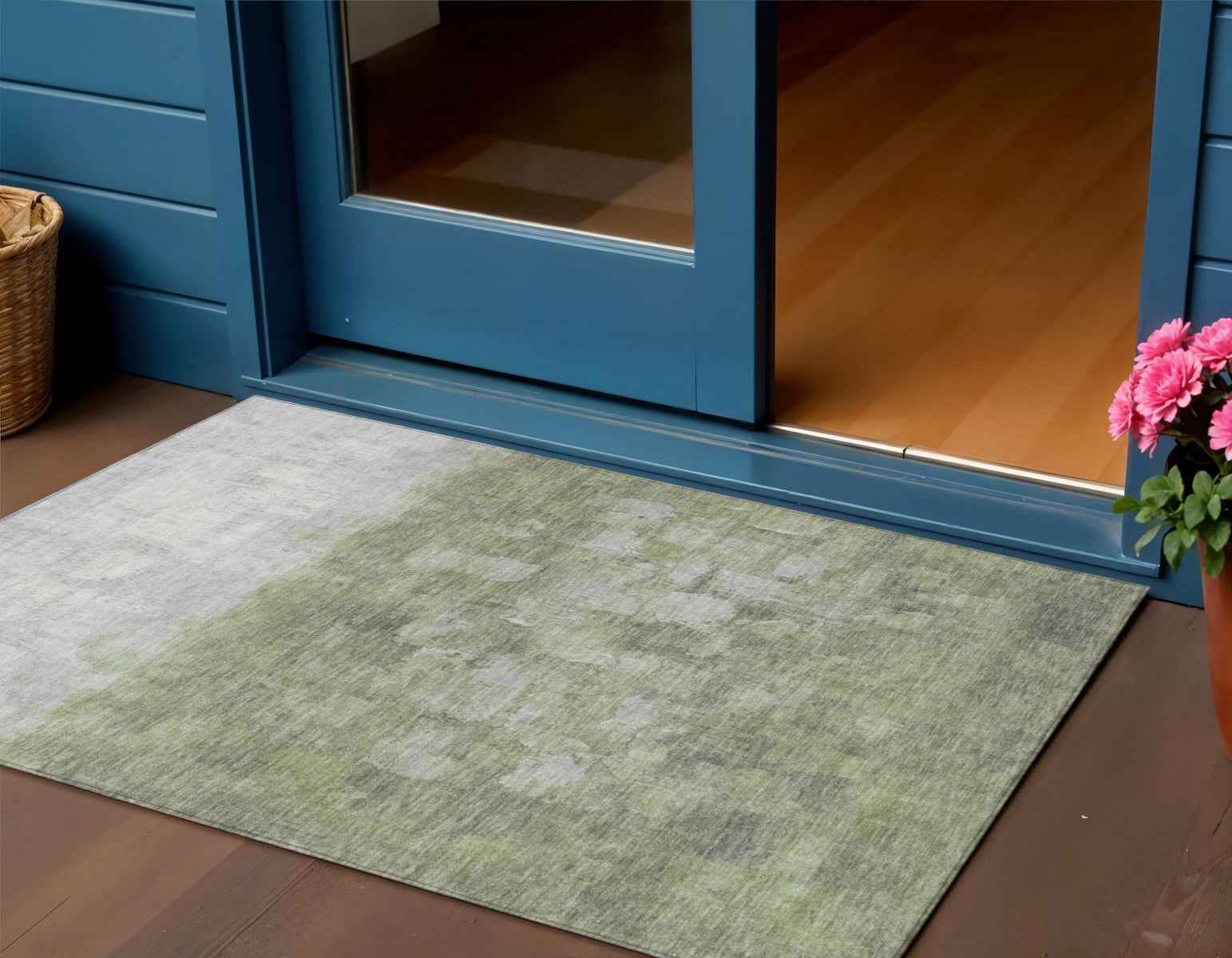 3' X 5' Fern Green And Silver Abstract Washable Indoor Outdoor Area Rug