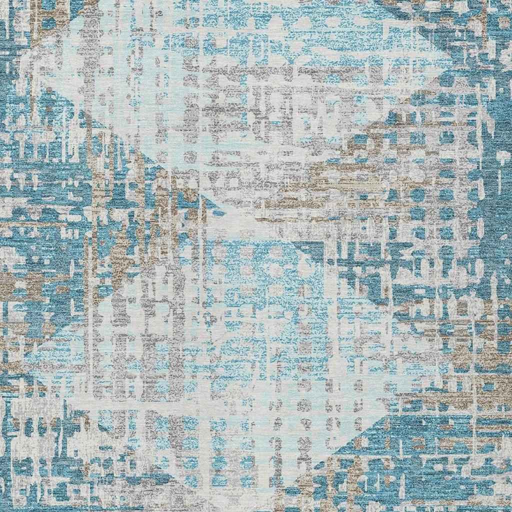 3' X 5' Teal Blue And Beige Geometric Washable Indoor Outdoor Area Rug