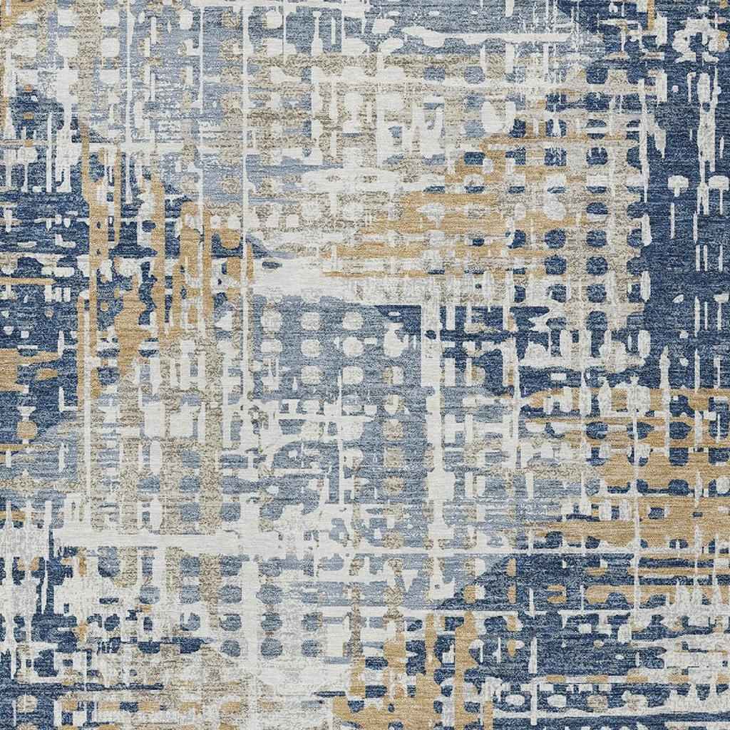 8' X 10' Navy Blue And Beige Geometric Washable Indoor Outdoor Area Rug