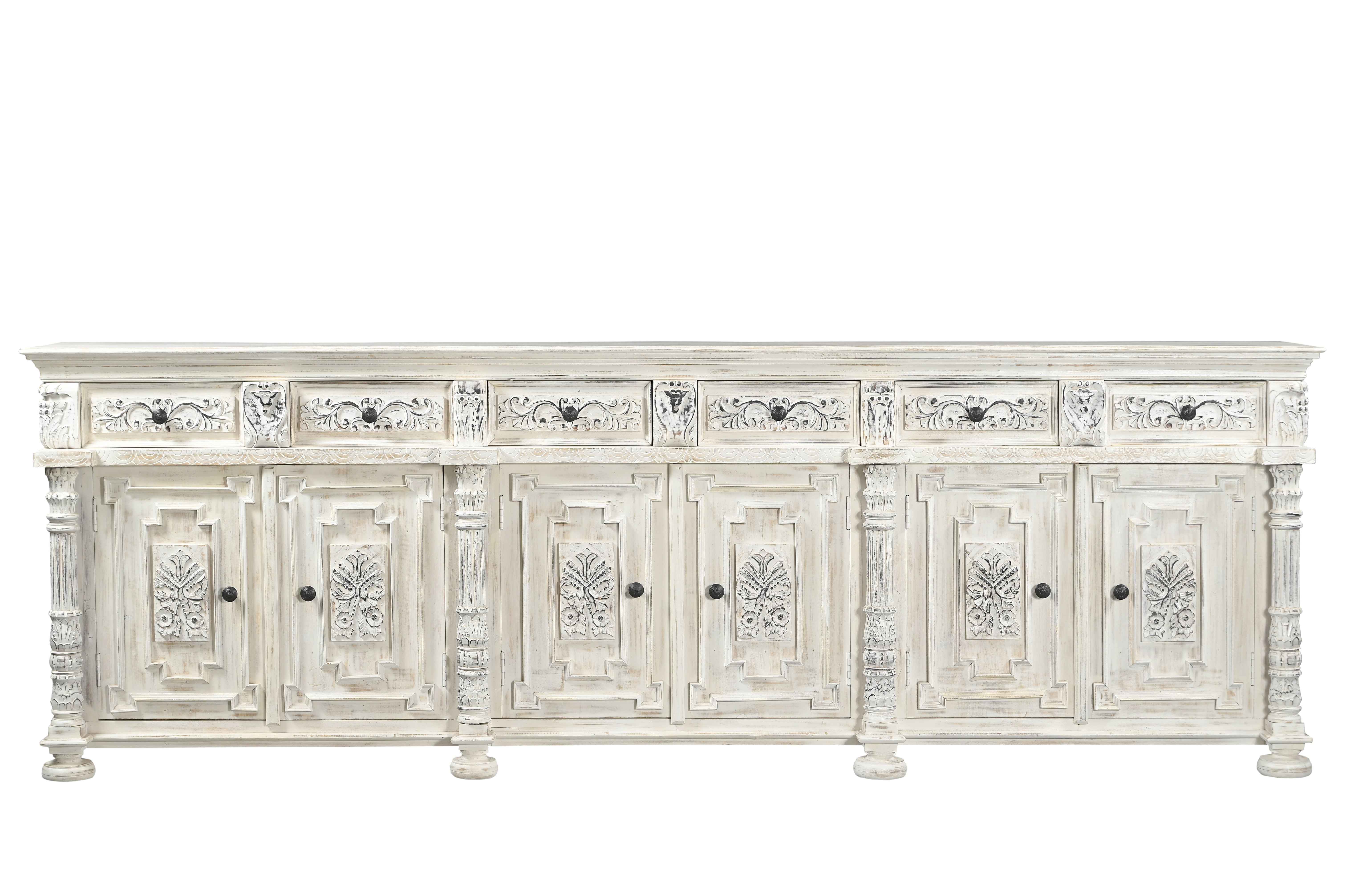 118" White Distressed Solid Wood Carved Floral Six Drawer Sideboard with Six Doors