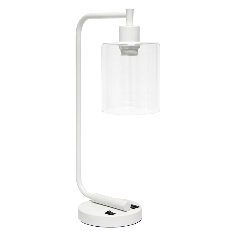 19" White Iron Lantern USB Table Lamp LED With Clear Cylinder Shade