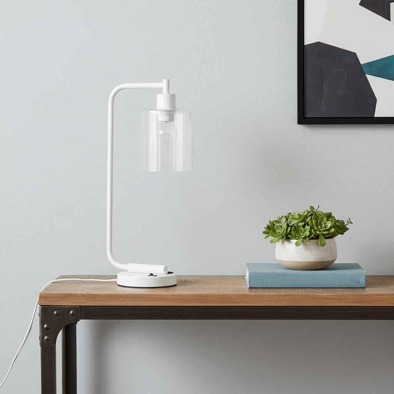 19" White Iron Lantern USB Table Lamp LED With Clear Cylinder Shade