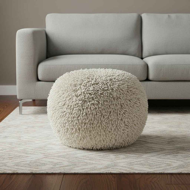 20" Cream Cotton Tufted Round Geometric Pouf Ottoman
