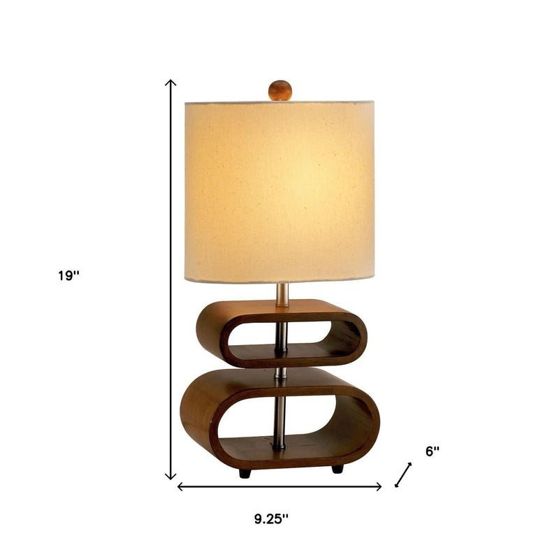 19" Brown Retro Ovals Wood Bedside Lamp With Natural Shade - Lighting