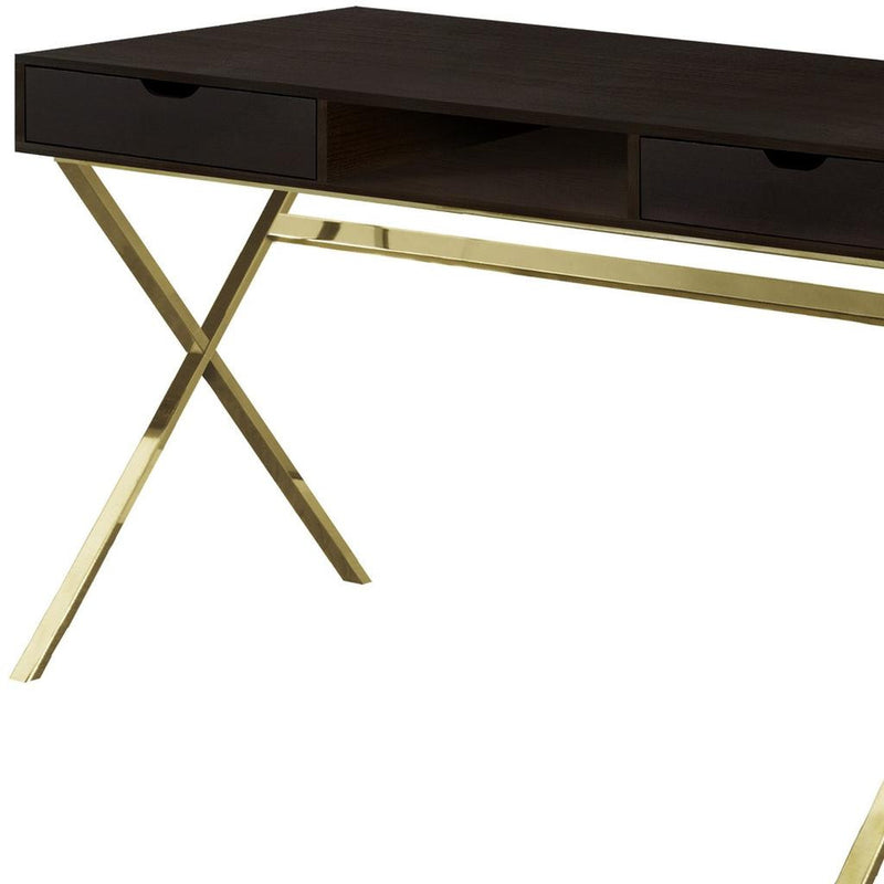 24" Dark Brown and Gold Computer Desk With Two Drawers - GreatEagleInc