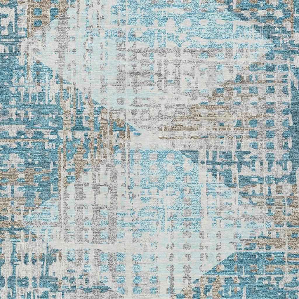 9' X 12' Teal Blue And Beige Geometric Washable Indoor Outdoor Area Rug