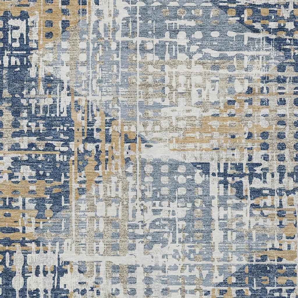 10' X 14' Navy Blue And Beige Geometric Washable Indoor Outdoor Area Rug