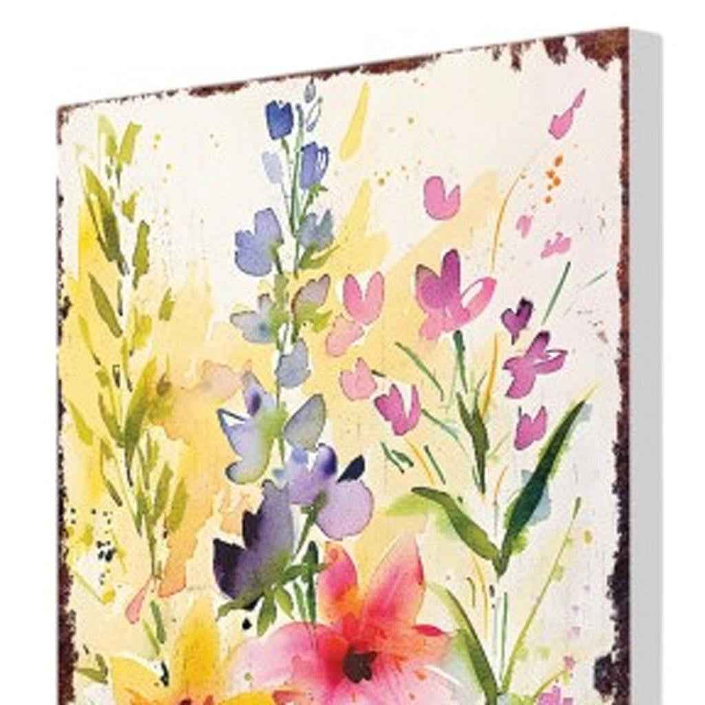 30" Green Pink White And Yellow Solid Wood Watercolor Floral Garden Stake