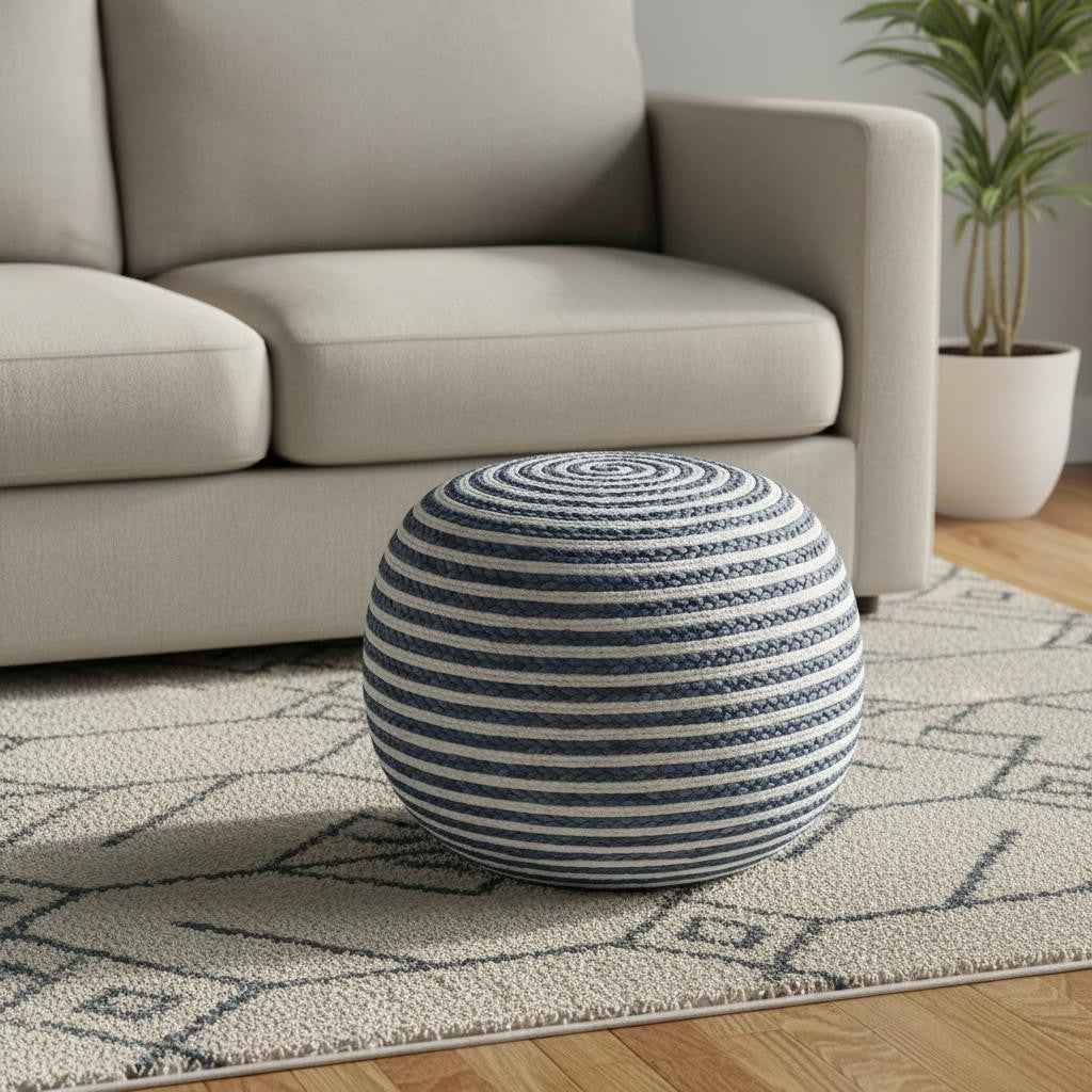 20" Blue Cotton Blend Round Striped Pouf Ottoman