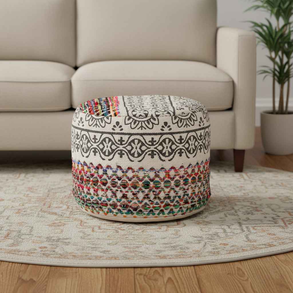18" Rainbow And Gray Cylinder Geometric Pouf Ottoman