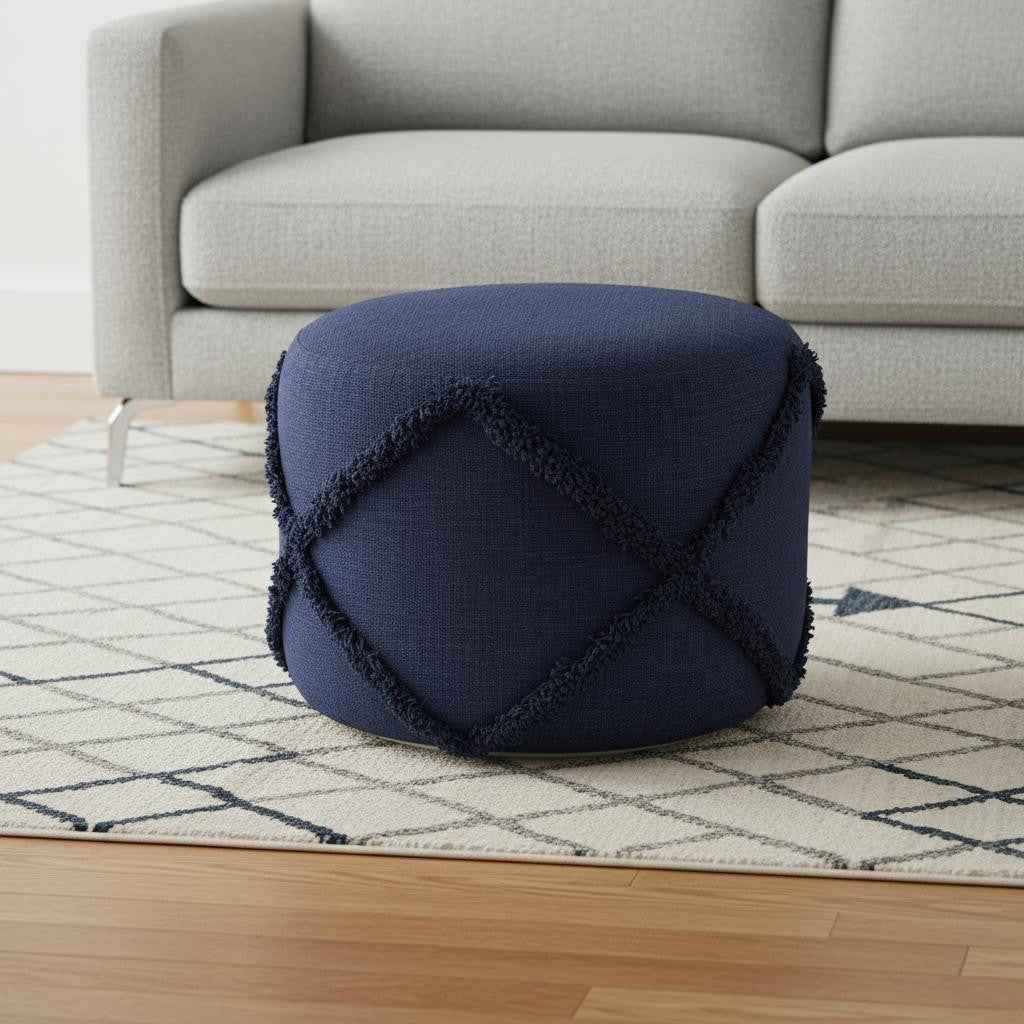 18" Blue Cotton Cylinder Geometric Pouf Ottoman