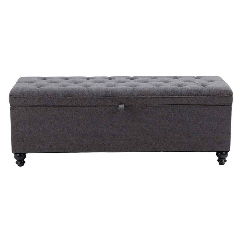 56" Gray and Black Fabric and Solid Wood Upholstered Bench