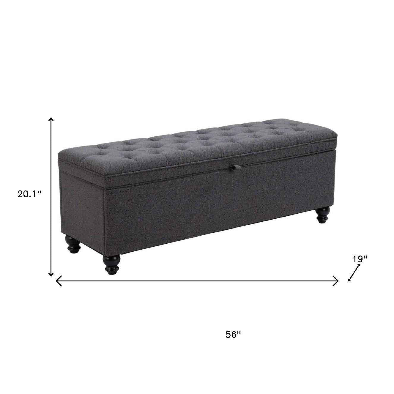 56" Gray and Black Fabric and Solid Wood Upholstered Bench