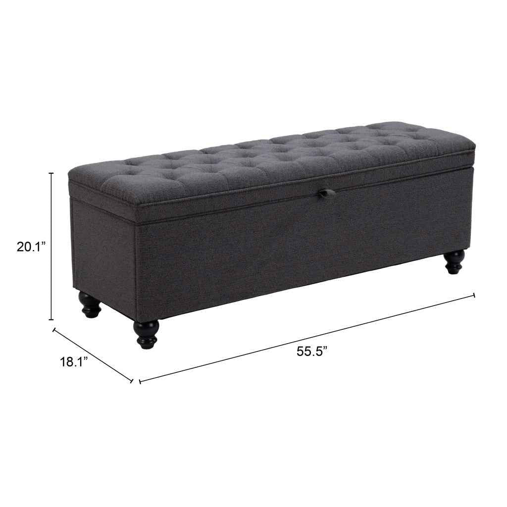 56" Gray and Black Fabric and Solid Wood Upholstered Bench
