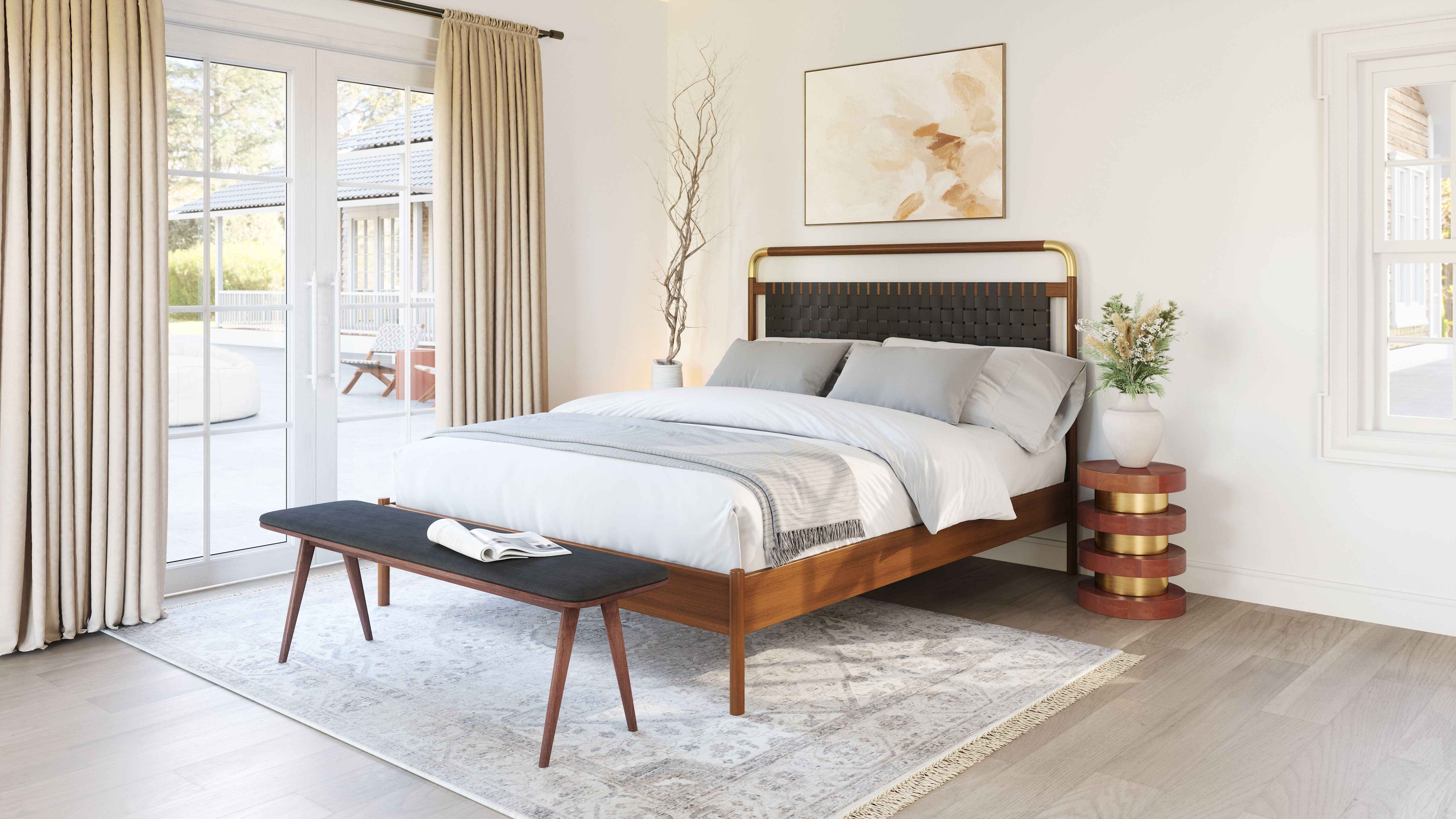 60" Black and Brown Fabric and Wood Upholstered Bench