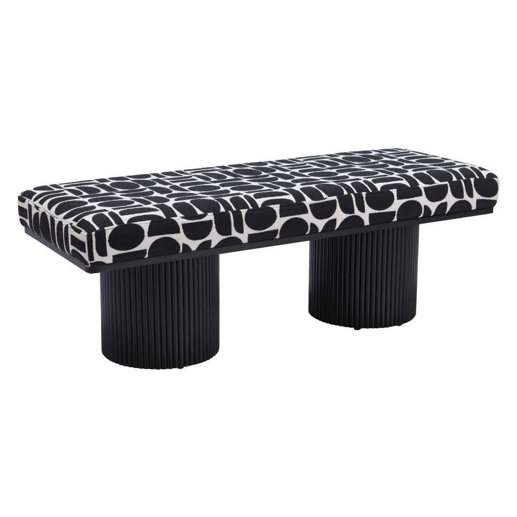 49" White and Black Fabric and Solid Wood Upholstered Bench