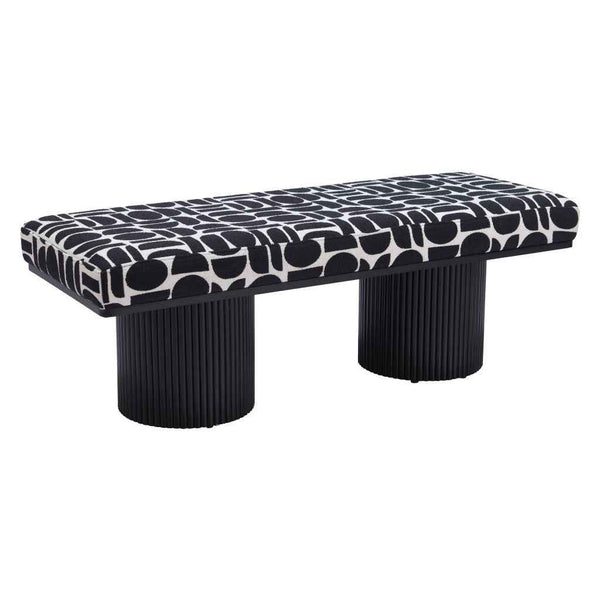 49" White and Black Fabric and Solid Wood Upholstered Bench