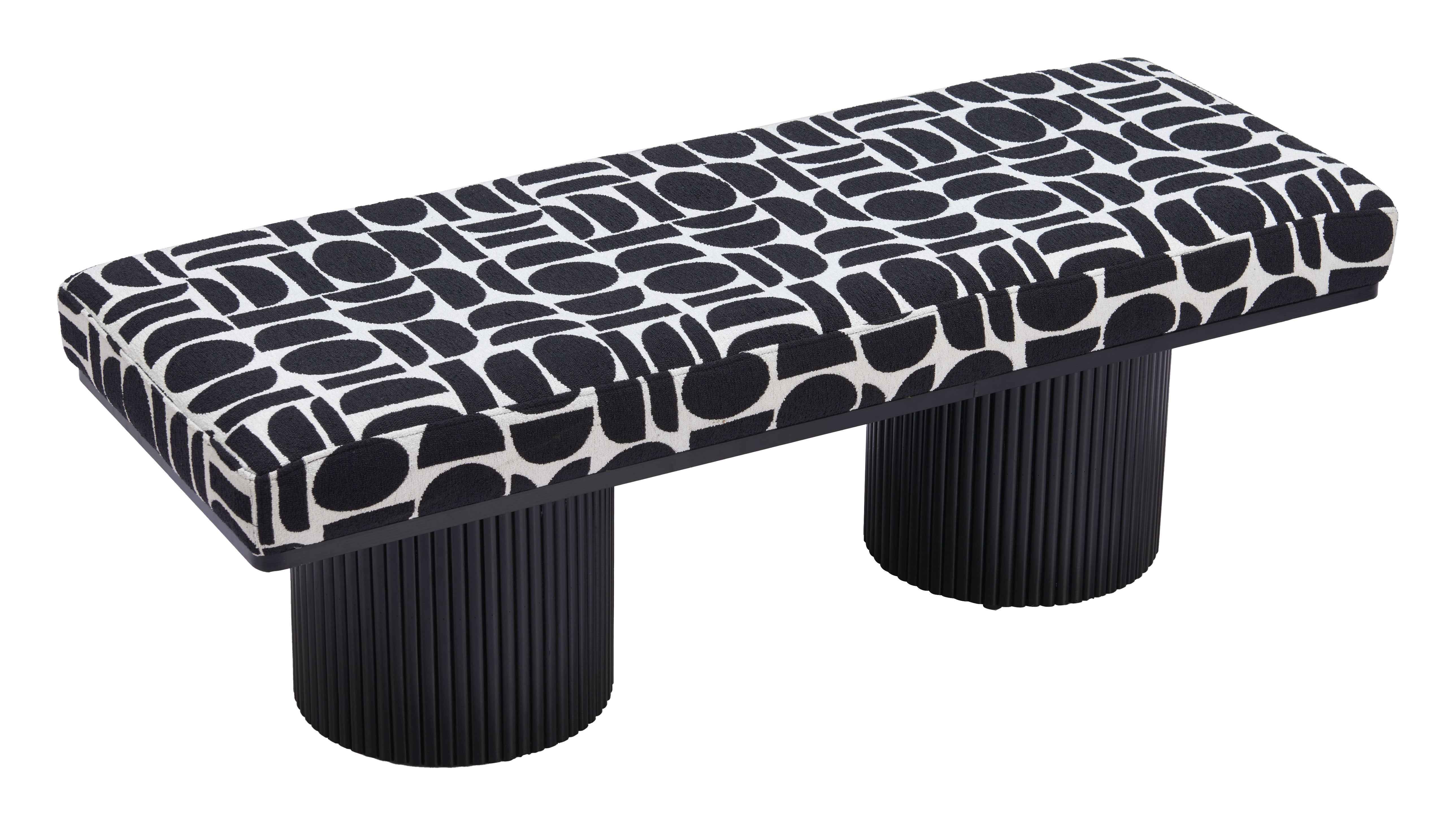 49" White and Black Fabric and Solid Wood Upholstered Bench