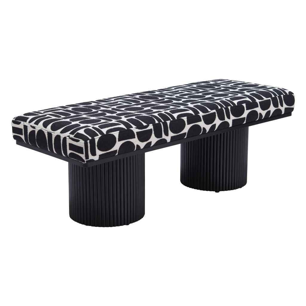 49" White and Black Fabric and Solid Wood Upholstered Bench