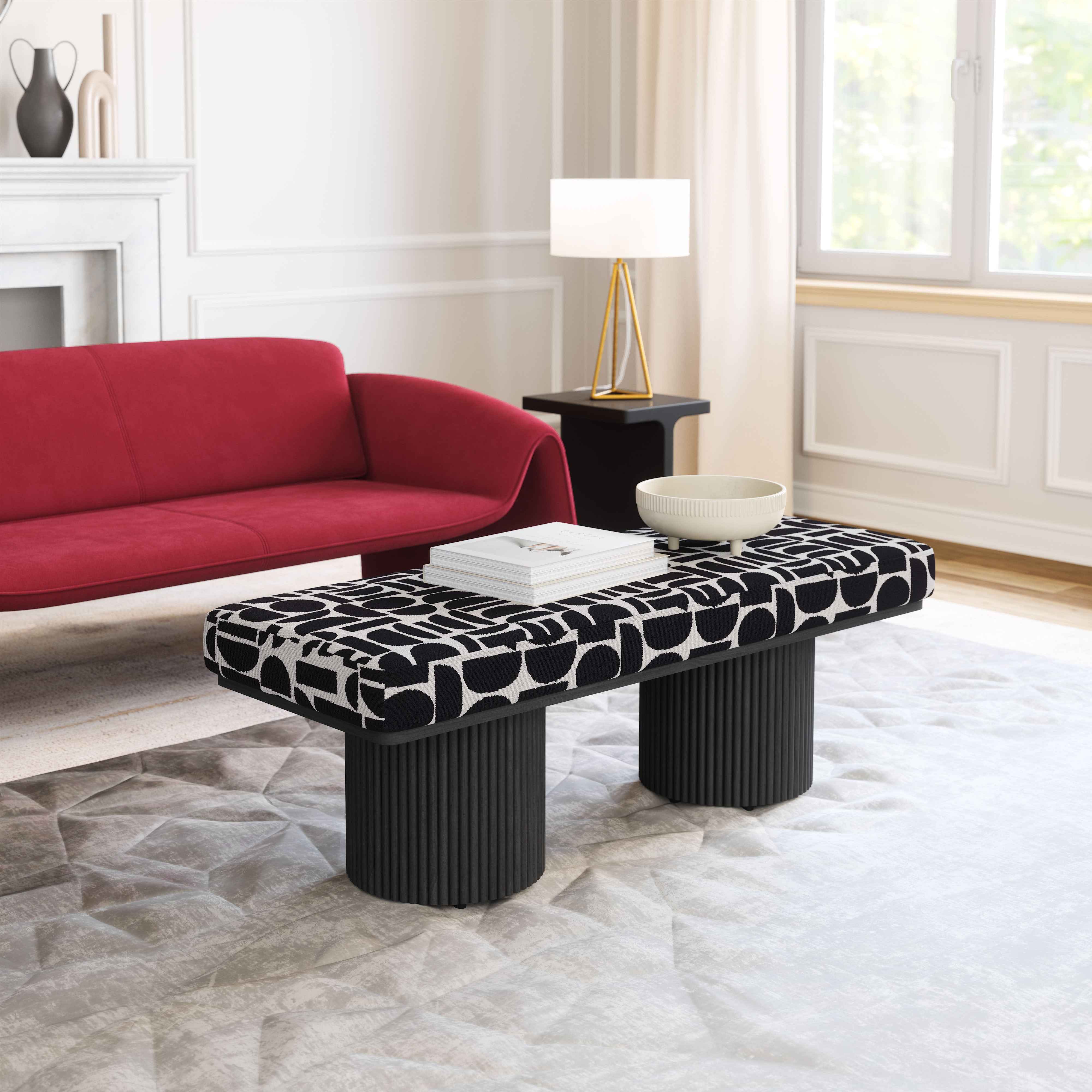 49" White and Black Fabric and Solid Wood Upholstered Bench