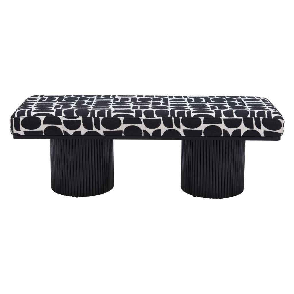 49" White and Black Fabric and Solid Wood Upholstered Bench