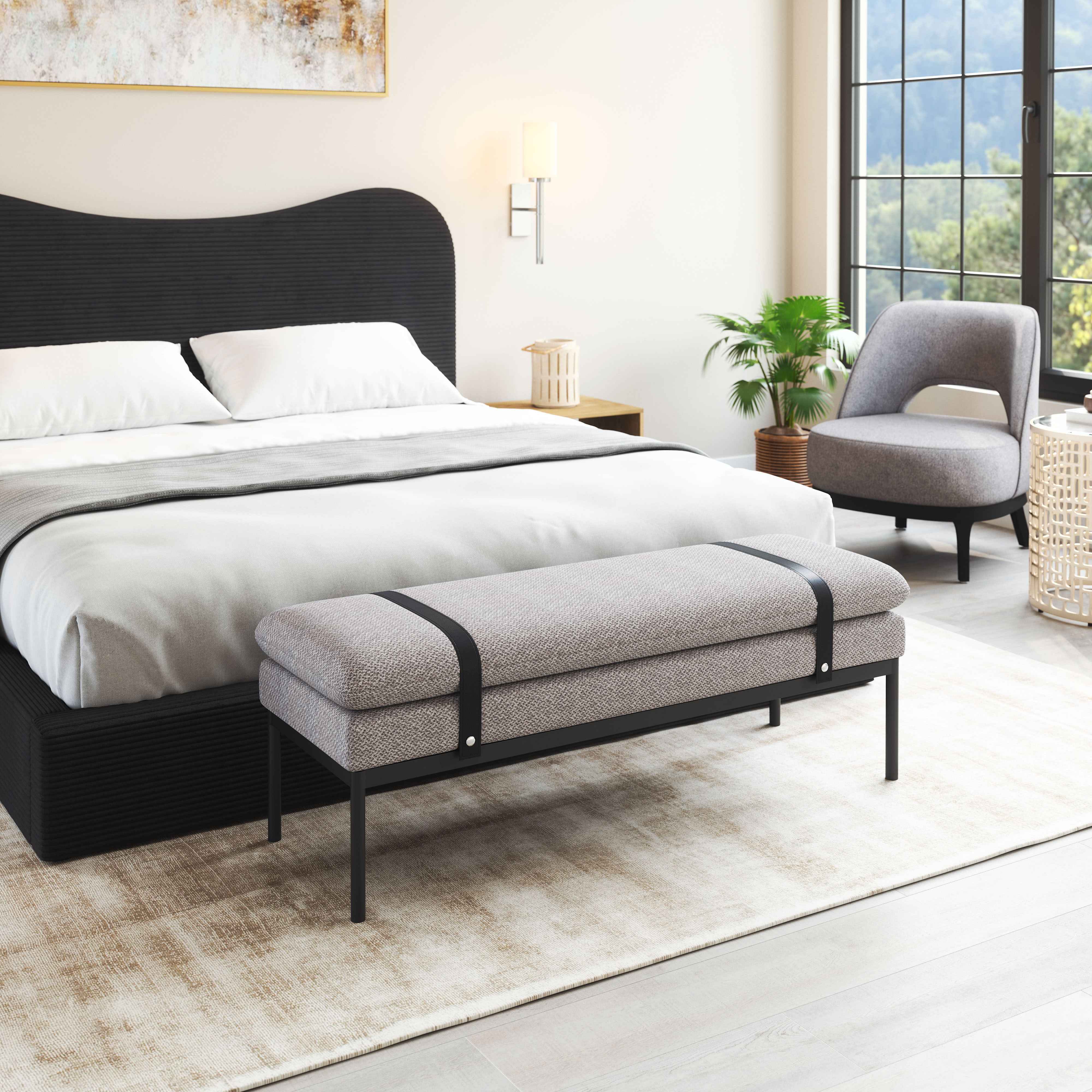 48" Gray and Black Fabric Upholstered Bench