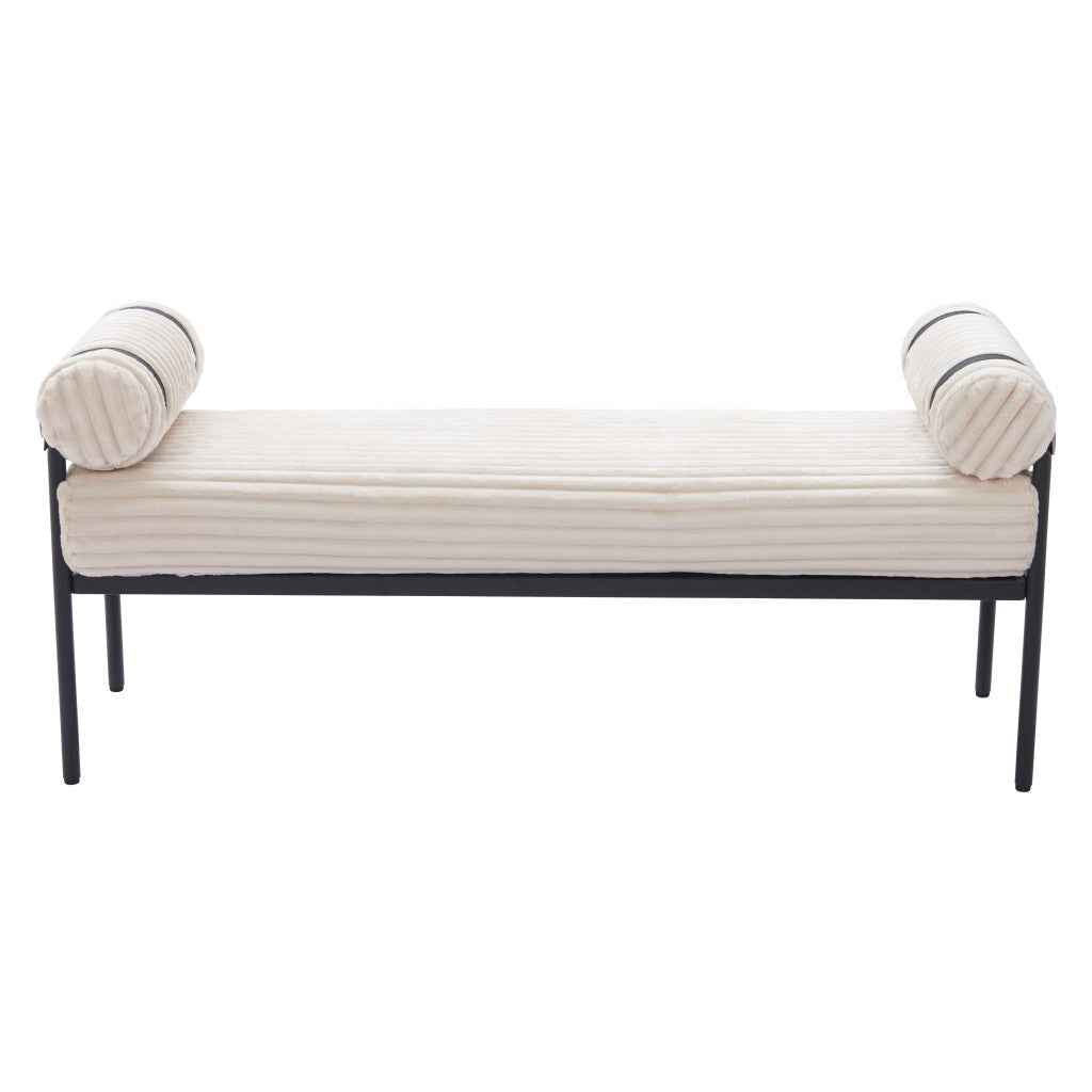 56" Cream and Black Fabric Upholstered Bench
