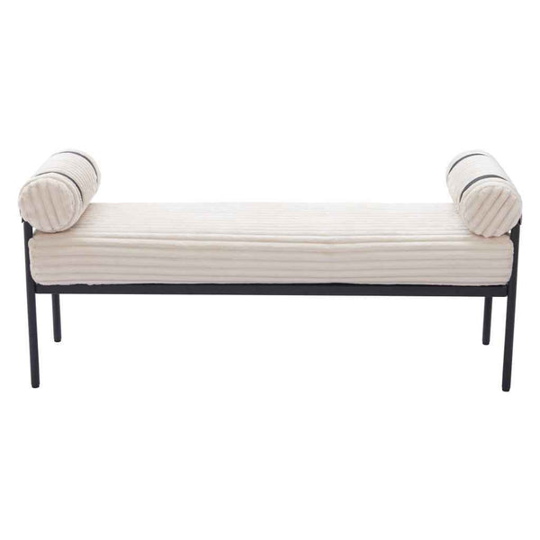 56" Cream and Black Fabric Upholstered Bench