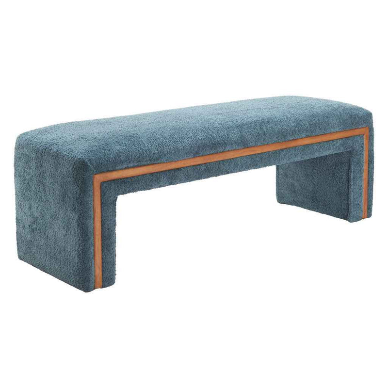 56" Blue and Brown Fabric and Solid Wood Upholstered Bench