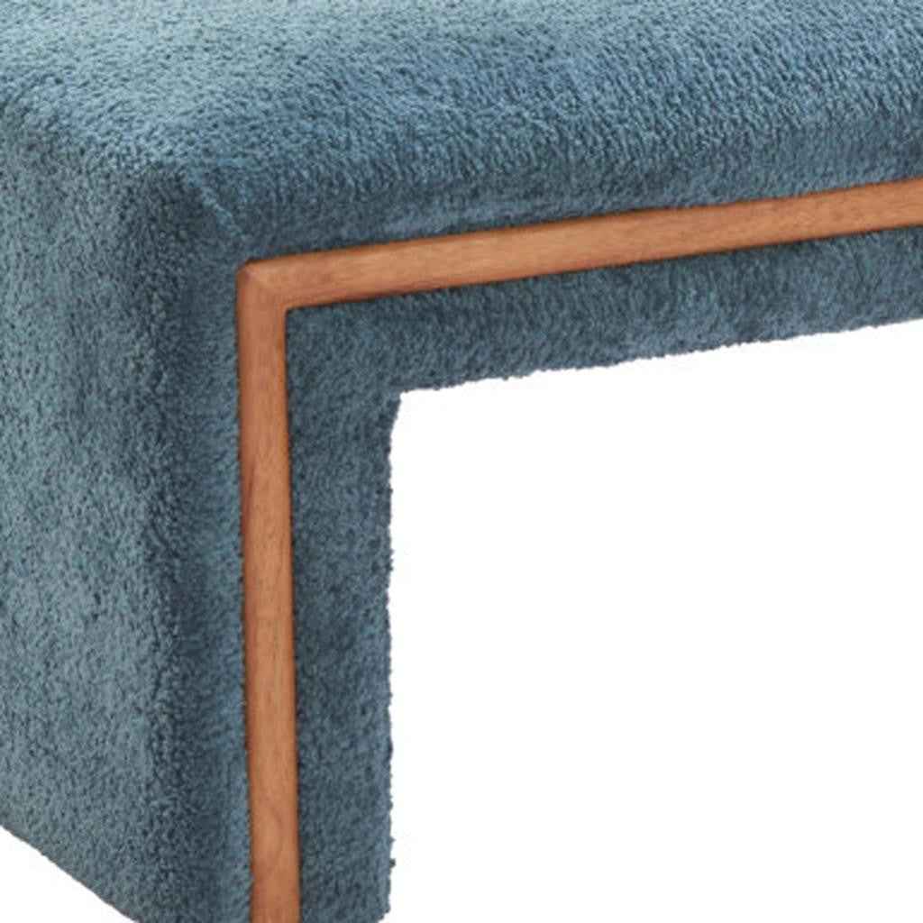 56" Blue and Brown Fabric and Solid Wood Upholstered Bench