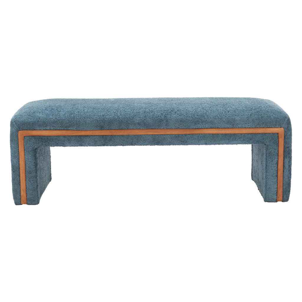 56" Blue and Brown Fabric and Solid Wood Upholstered Bench