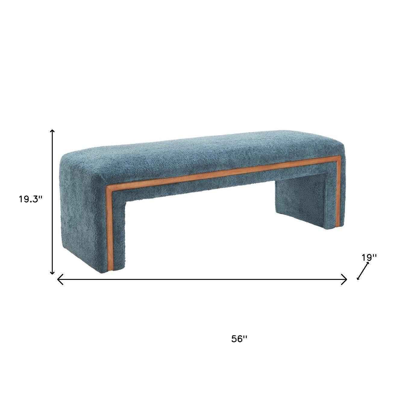56" Blue and Brown Fabric and Solid Wood Upholstered Bench